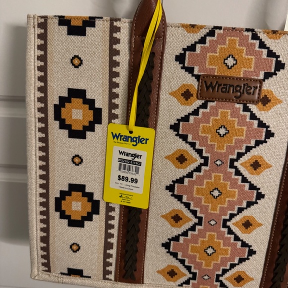 Wrangler Geometric Tote Bag – Brown & Cream, Leather Handles, Boho Crossbody - Picture 3 of 5